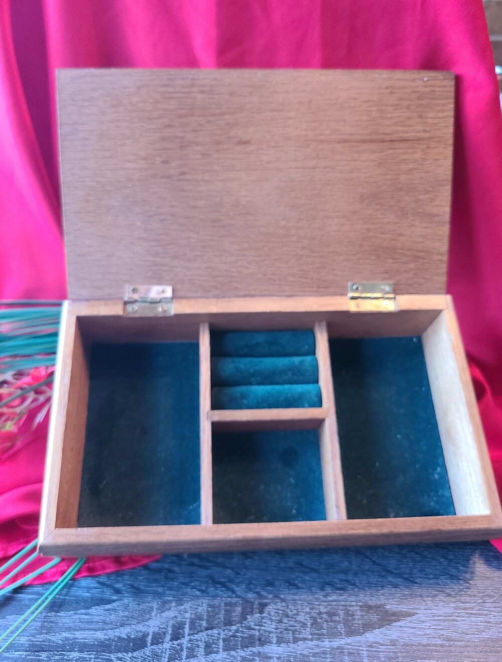 Antique Wood Jewelry Box with Teal Velvet Interior